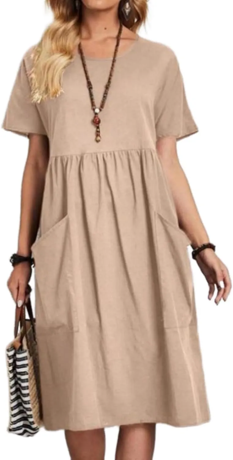Women Oversized Dress Summer Crew Neck Short Sleeve Midi Dress Loose Casual Tunic Beach Dresses with Pockets