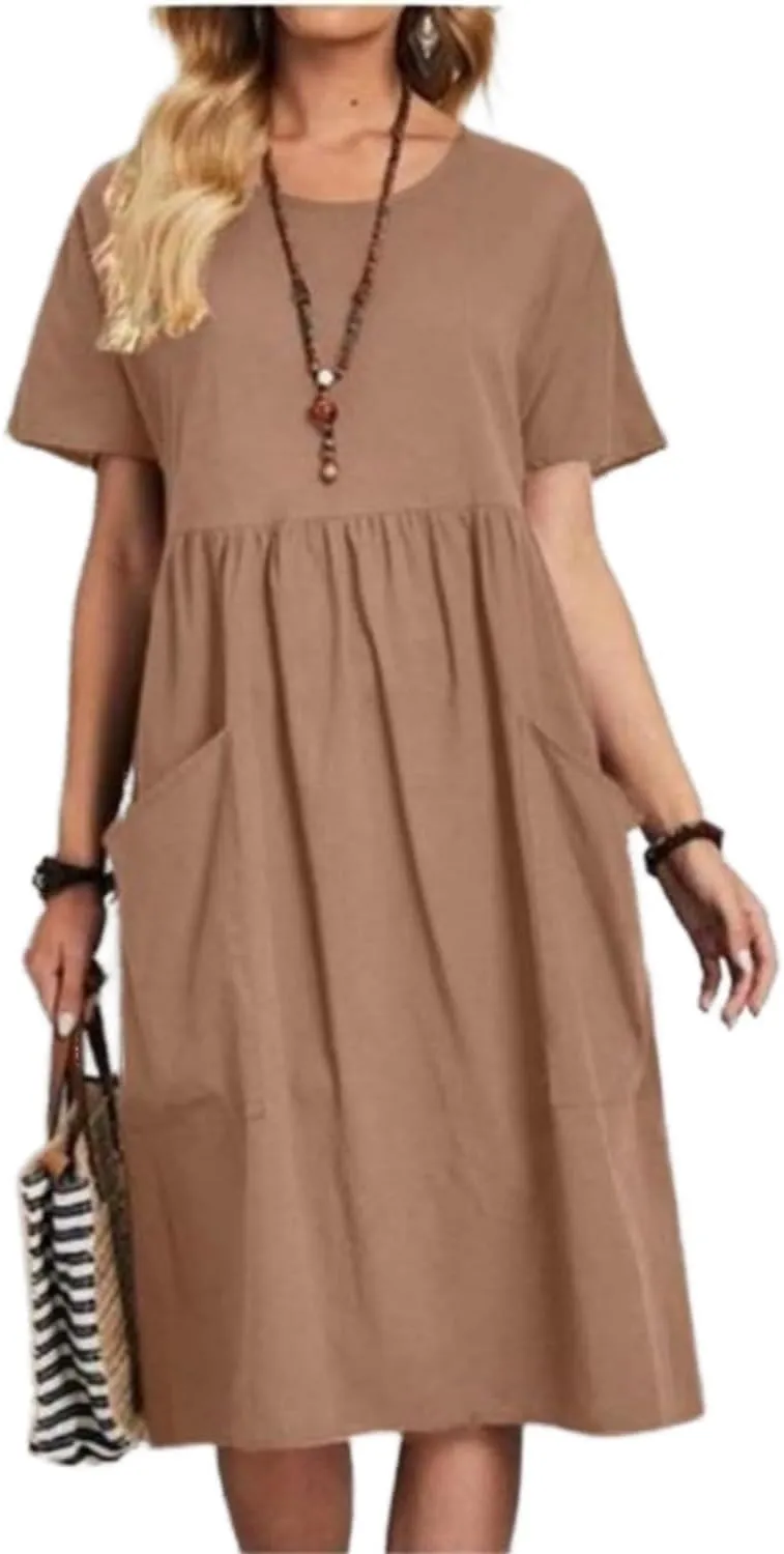 Women Oversized Dress Summer Crew Neck Short Sleeve Midi Dress Loose Casual Tunic Beach Dresses with Pockets