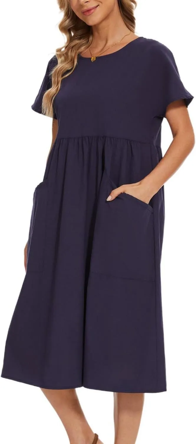 Women Oversized Dress Summer Crew Neck Short Sleeve Midi Dress Loose Casual Tunic Beach Dresses with Pockets