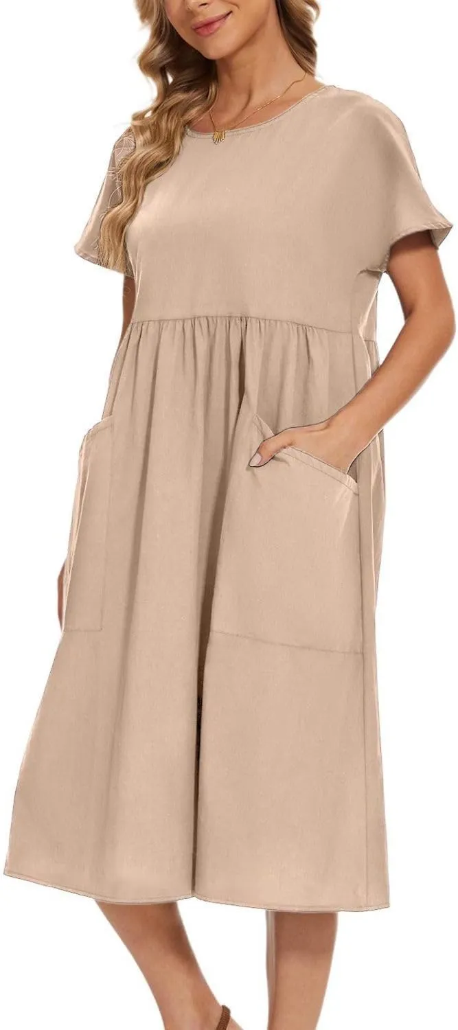 Women Oversized Dress Summer Crew Neck Short Sleeve Midi Dress Loose Casual Tunic Beach Dresses with Pockets