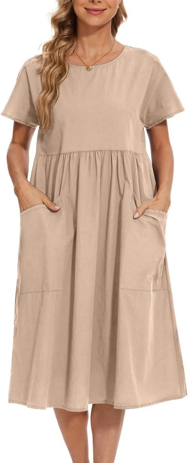 Women Oversized Dress Summer Crew Neck Short Sleeve Midi Dress Loose Casual Tunic Beach Dresses with Pockets