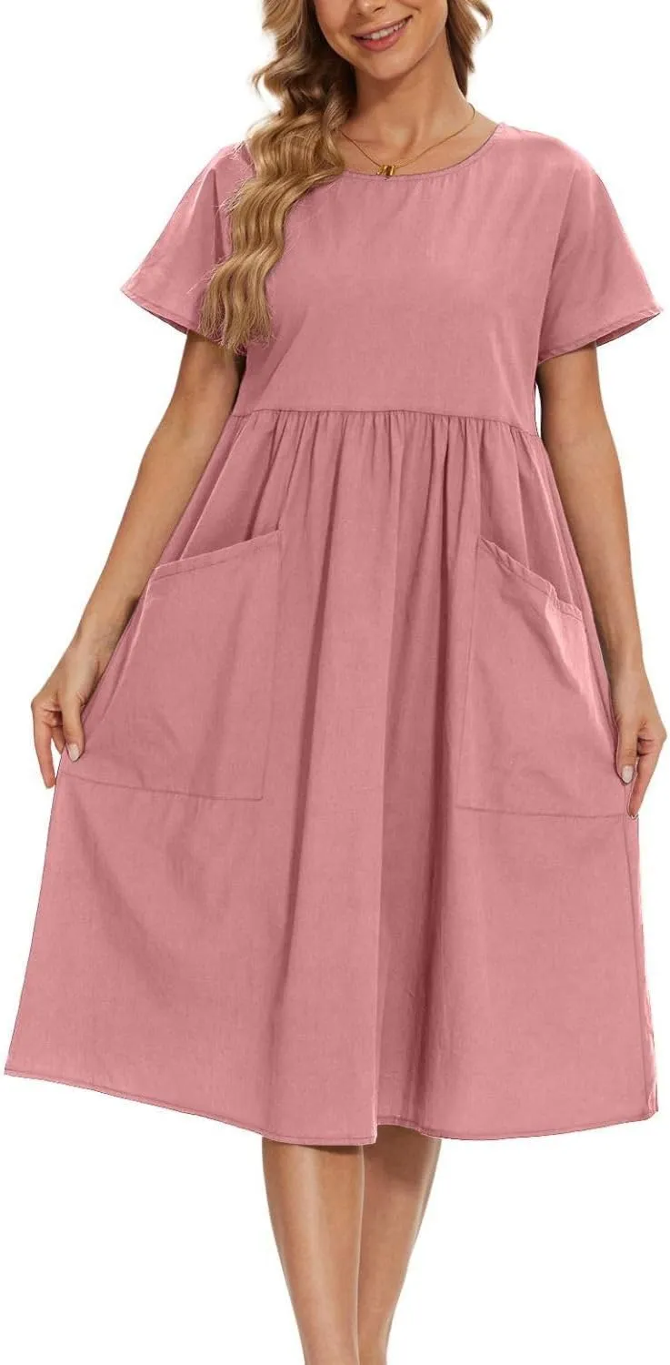 Women Oversized Dress Summer Crew Neck Short Sleeve Midi Dress Loose Casual Tunic Beach Dresses with Pockets