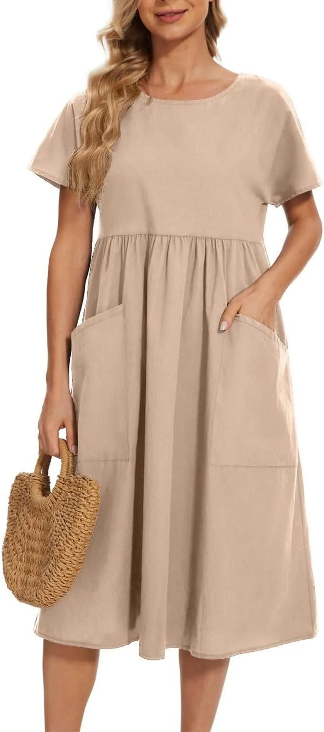 Women Oversized Dress Summer Crew Neck Short Sleeve Midi Dress Loose Casual Tunic Beach Dresses with Pockets