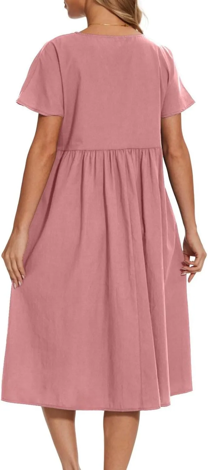 Women Oversized Dress Summer Crew Neck Short Sleeve Midi Dress Loose Casual Tunic Beach Dresses with Pockets