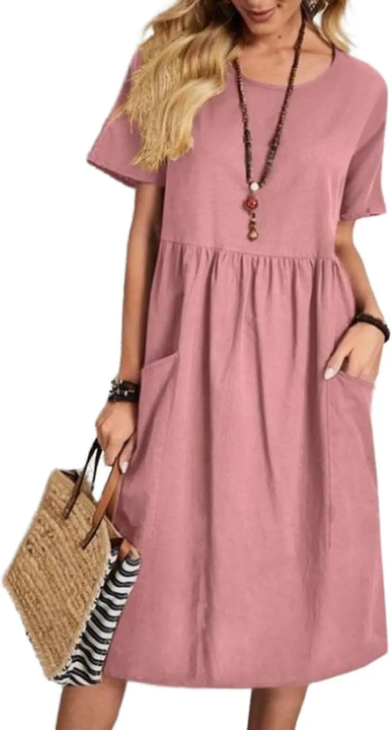 Women Oversized Dress Summer Crew Neck Short Sleeve Midi Dress Loose Casual Tunic Beach Dresses with Pockets