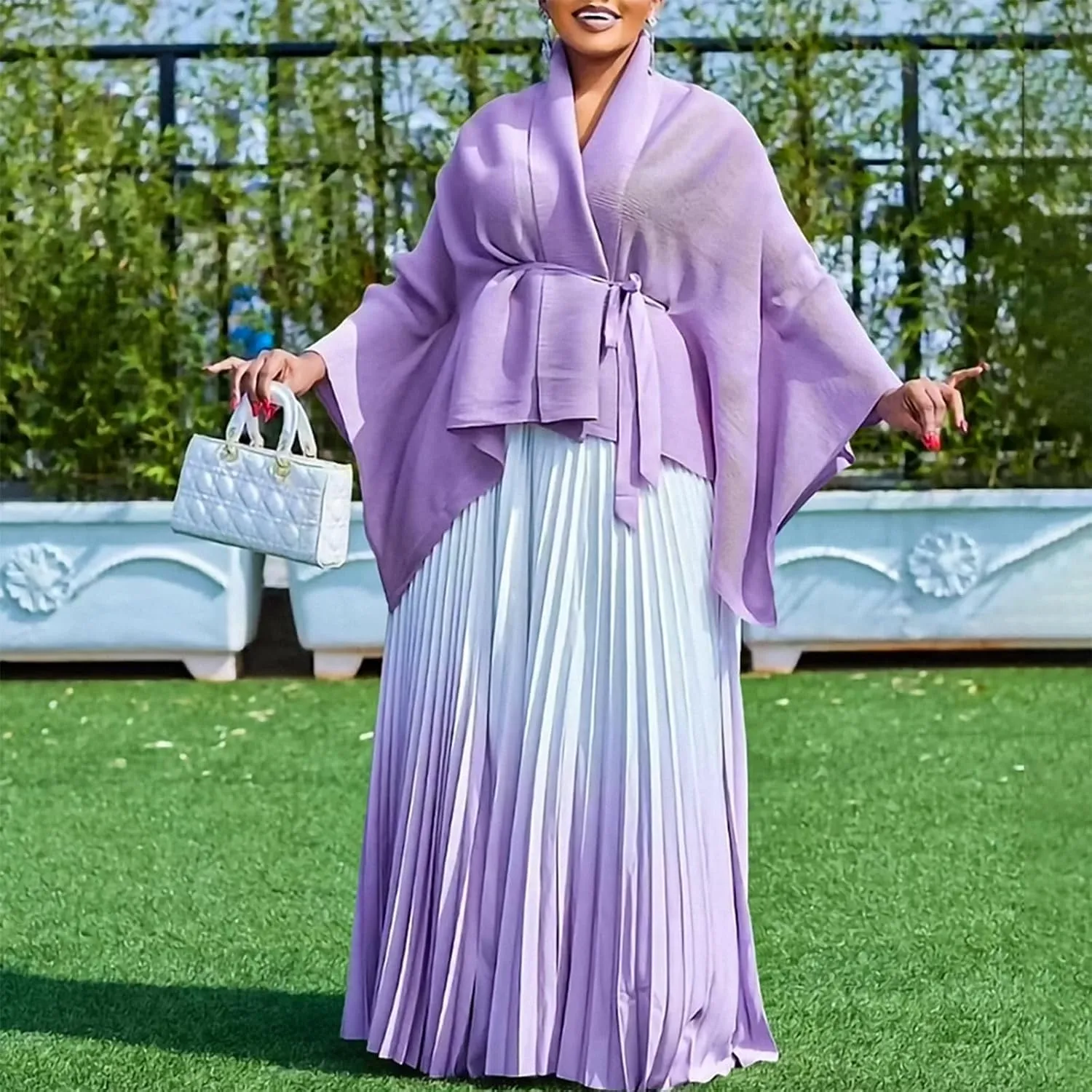 Women Pleated Skirt Sets 2 Piece Outfits Tie Front Wrap Cardigan Long Maxi Skirts Oversized Two Piece Suits, One Size