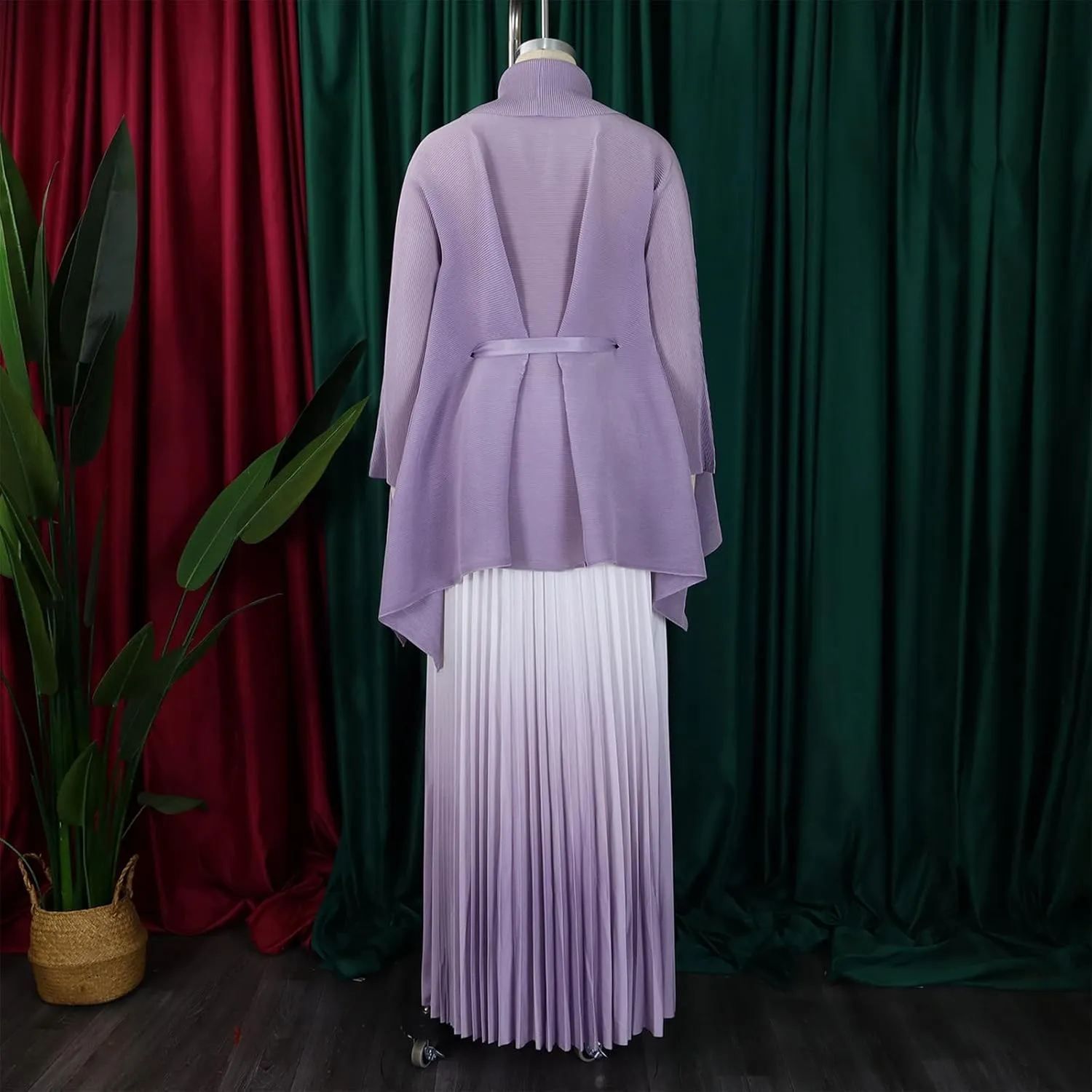 Women Pleated Skirt Sets 2 Piece Outfits Tie Front Wrap Cardigan Long Maxi Skirts Oversized Two Piece Suits, One Size