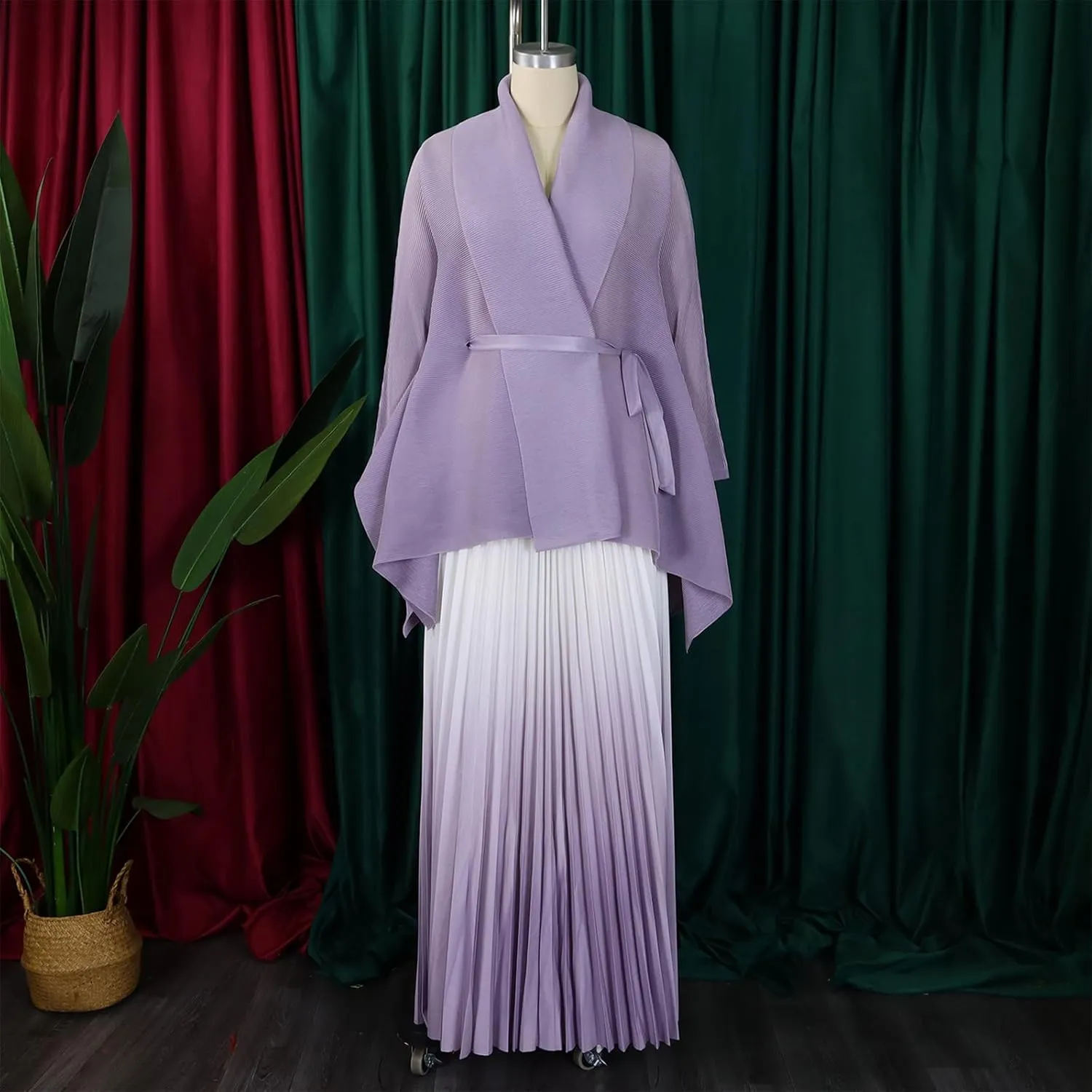 Women Pleated Skirt Sets 2 Piece Outfits Tie Front Wrap Cardigan Long Maxi Skirts Oversized Two Piece Suits, One Size