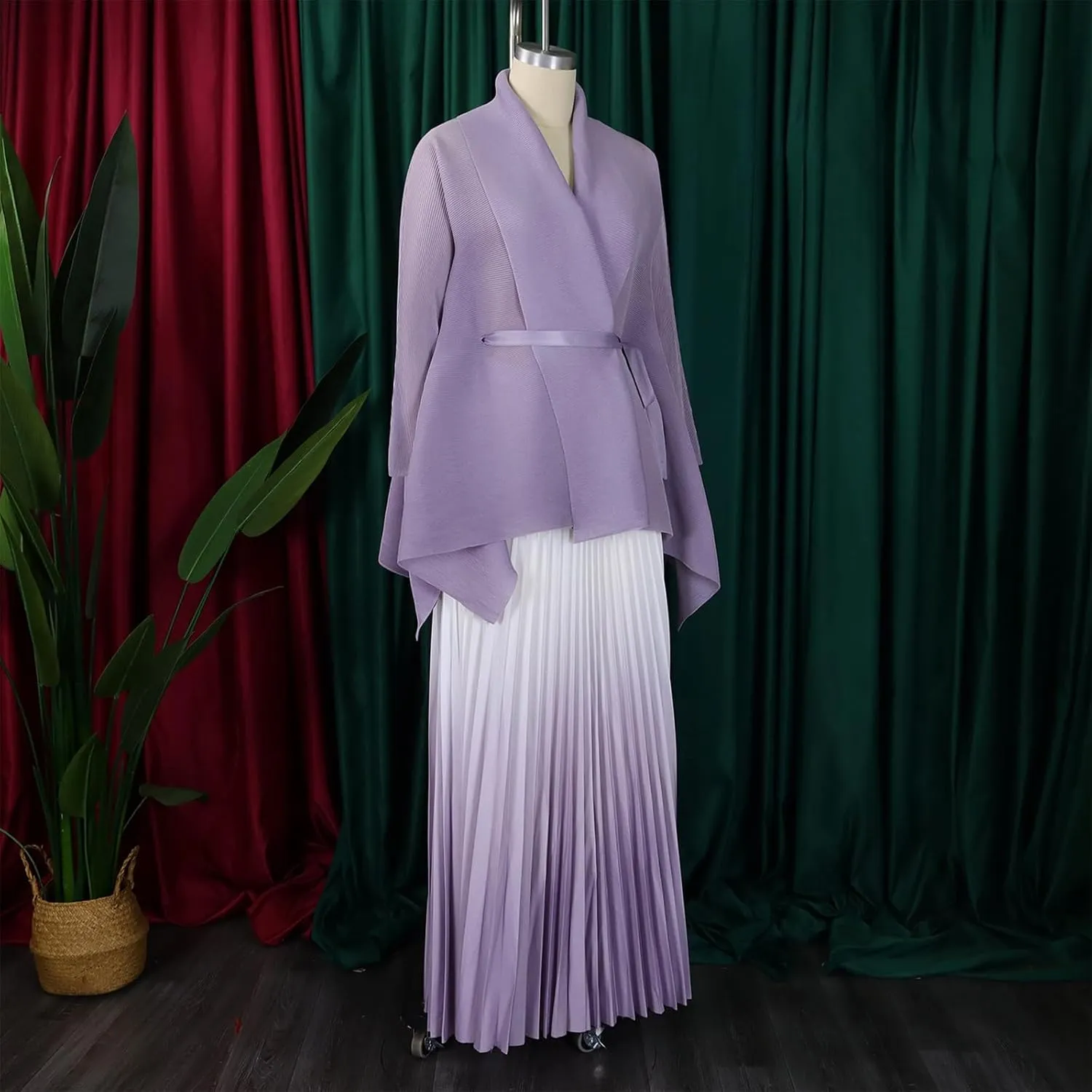 Women Pleated Skirt Sets 2 Piece Outfits Tie Front Wrap Cardigan Long Maxi Skirts Oversized Two Piece Suits, One Size