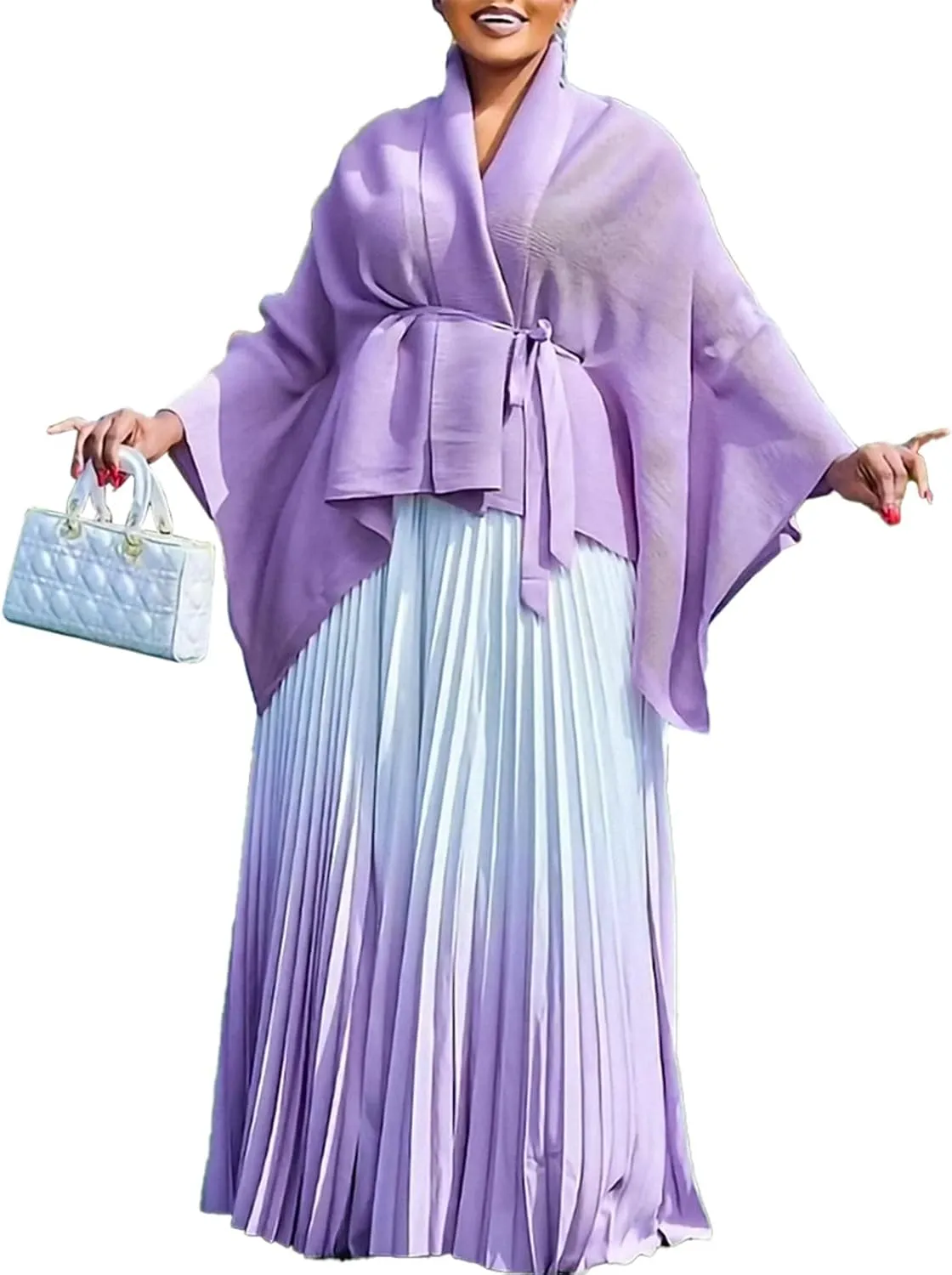 Women Pleated Skirt Sets 2 Piece Outfits Tie Front Wrap Cardigan Long Maxi Skirts Oversized Two Piece Suits, One Size