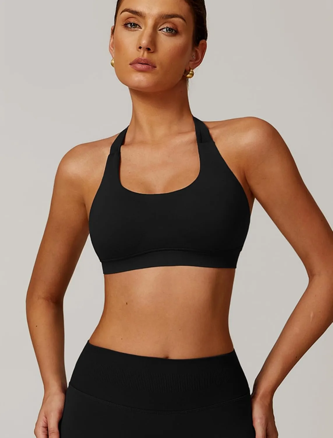 Women Seamless Halter Sports Bras Padded Low Impact Workout Gym Yoga Bra Running Crop Tank Tops with Removable Cups