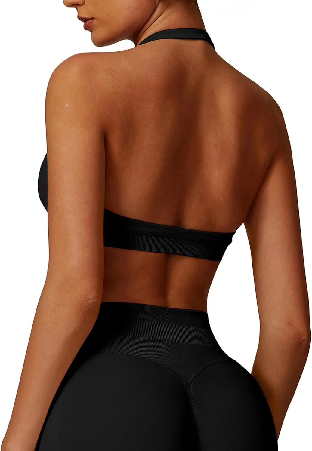 Women Seamless Halter Sports Bras Padded Low Impact Workout Gym Yoga Bra Running Crop Tank Tops with Removable Cups
