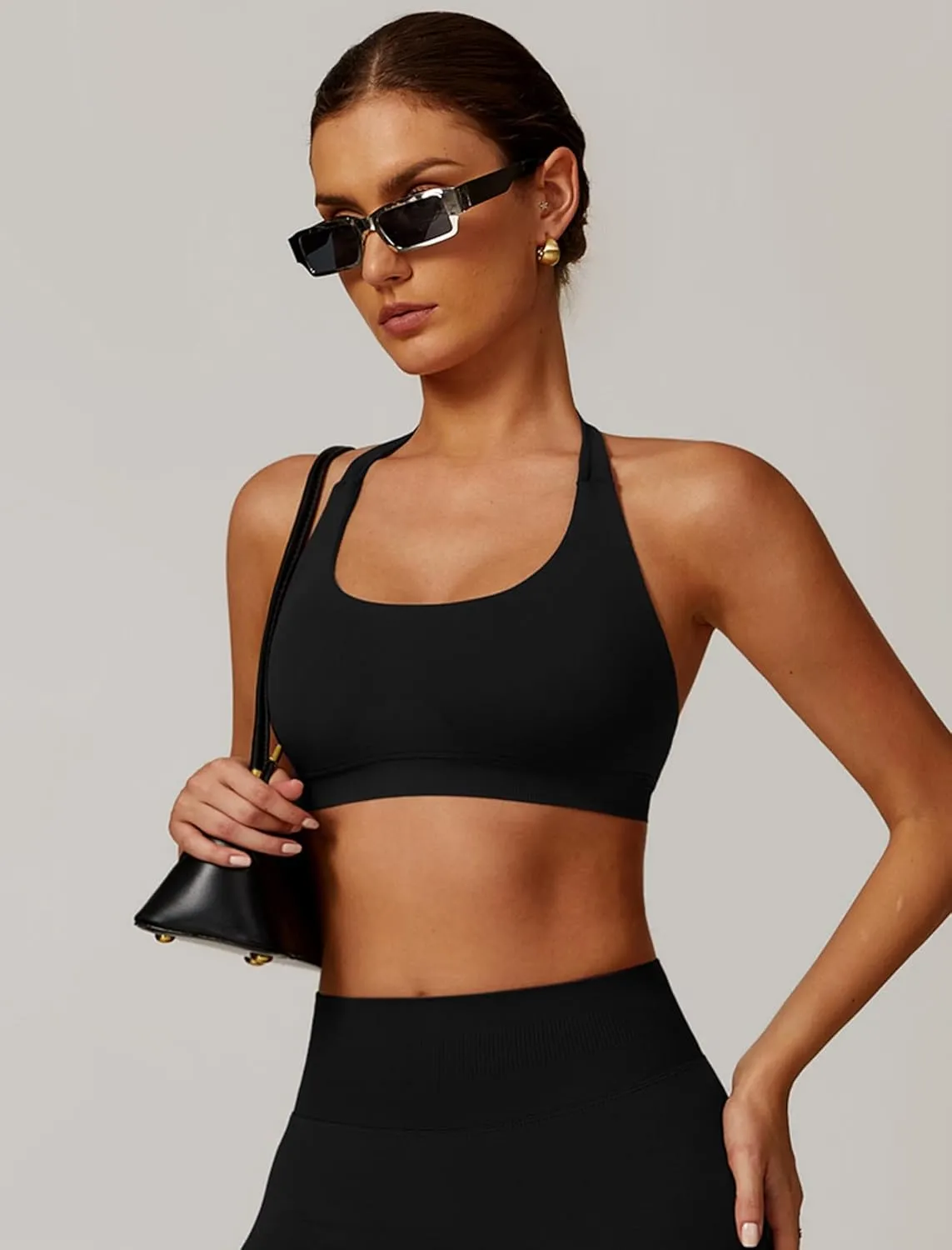 Women Seamless Halter Sports Bras Padded Low Impact Workout Gym Yoga Bra Running Crop Tank Tops with Removable Cups