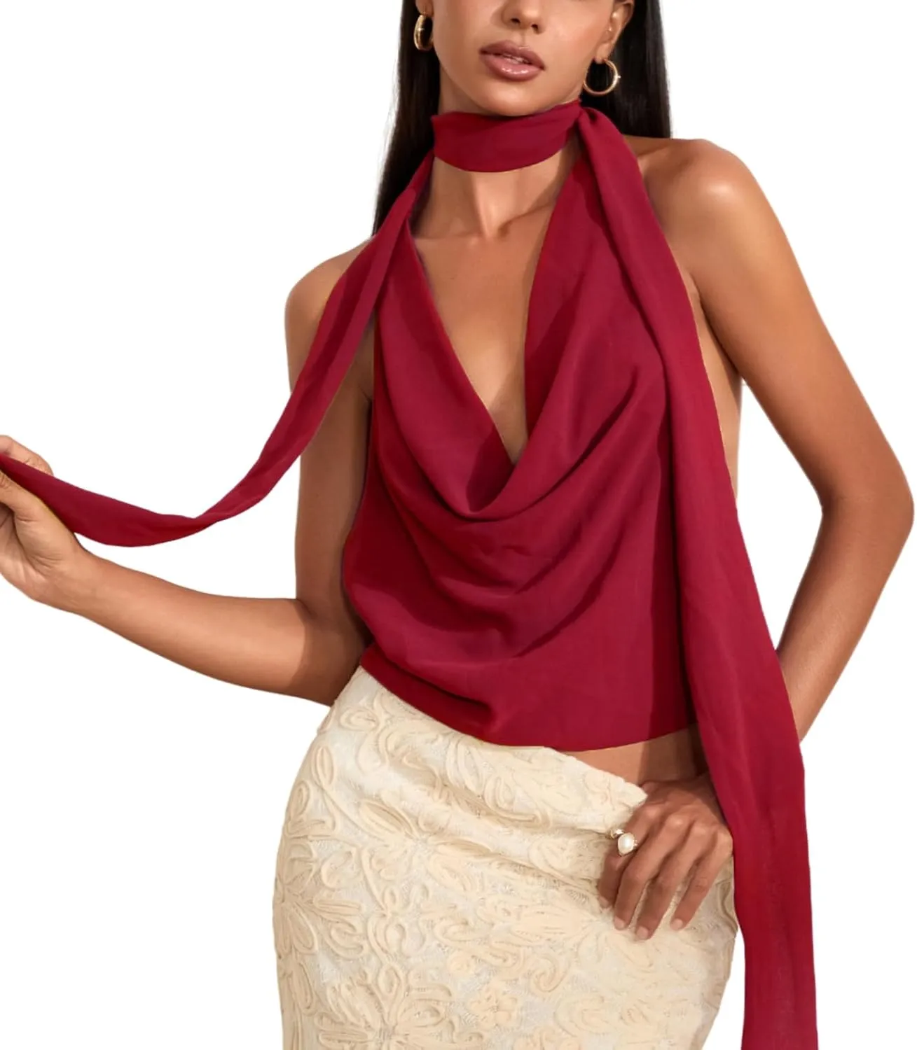Women Sexy Cowl Neck Halter Top Y2k Backless Flowy Summer Going Out Tops