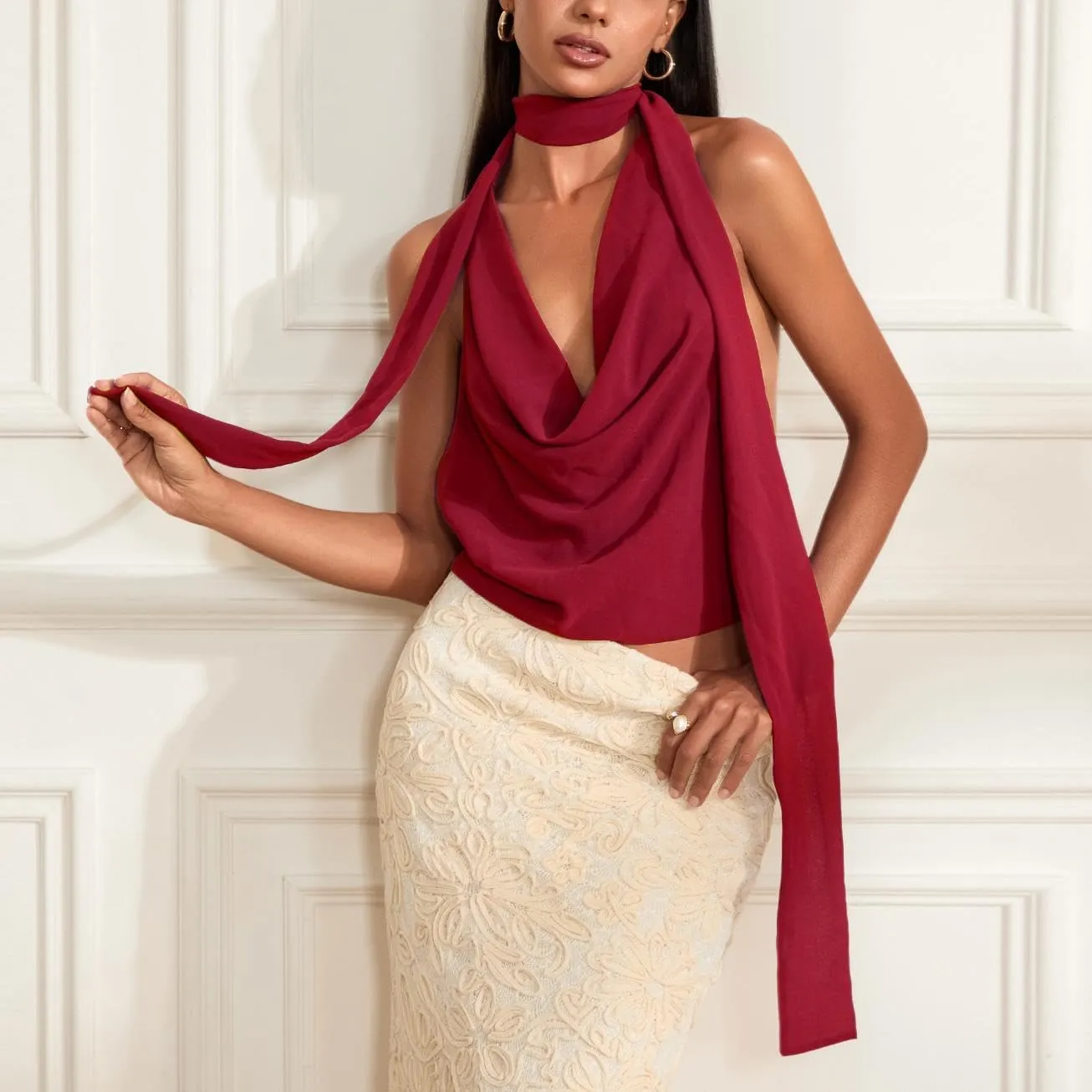 Women Sexy Cowl Neck Halter Top Y2k Backless Flowy Summer Going Out Tops
