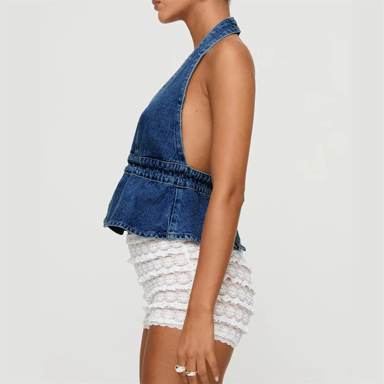 Women Sexy Halter Jean Vest Deep V Neck Denim Tie Vest Summer Backless Ruffle Denim Tank Top Streeetwear