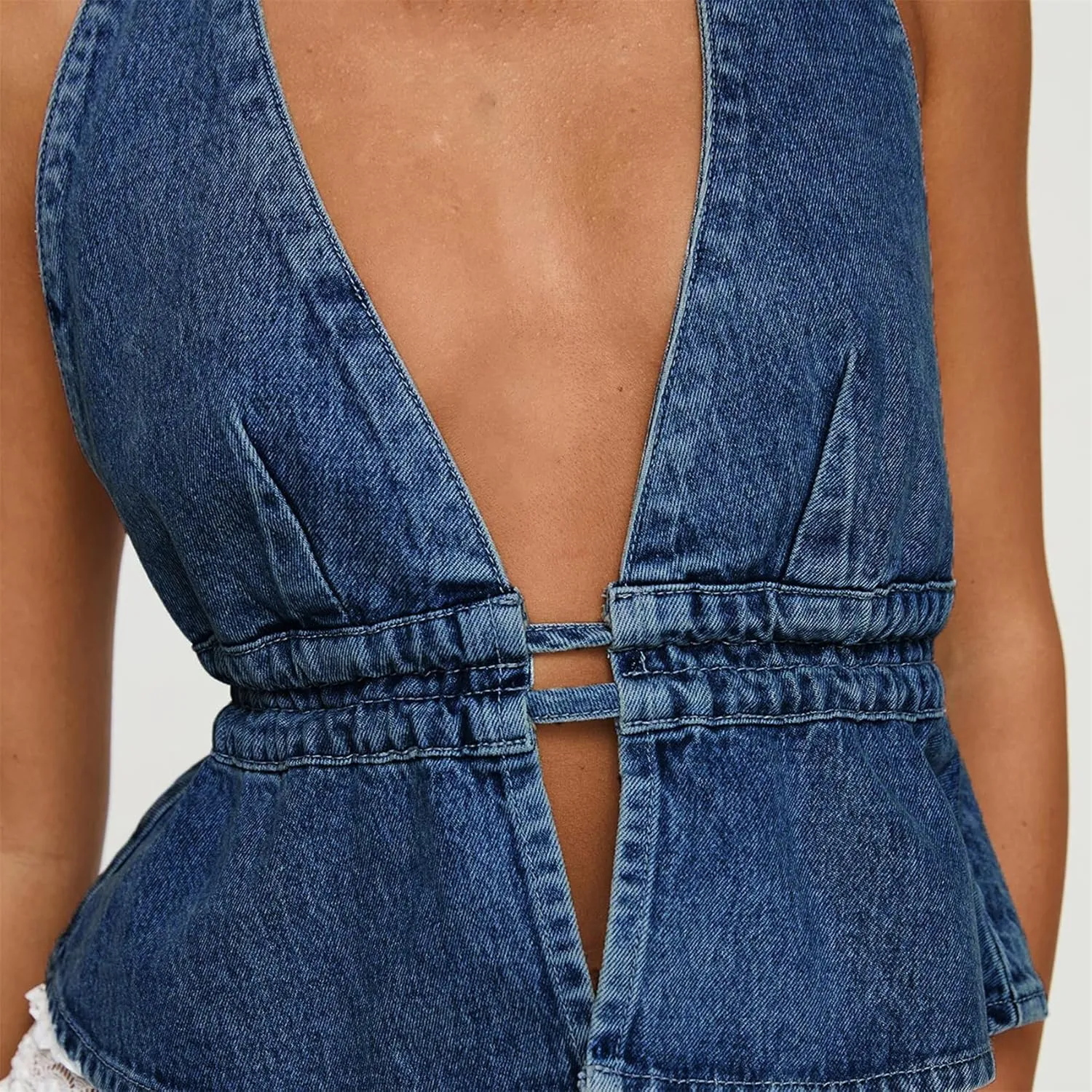 Women Sexy Halter Jean Vest Deep V Neck Denim Tie Vest Summer Backless Ruffle Denim Tank Top Streeetwear