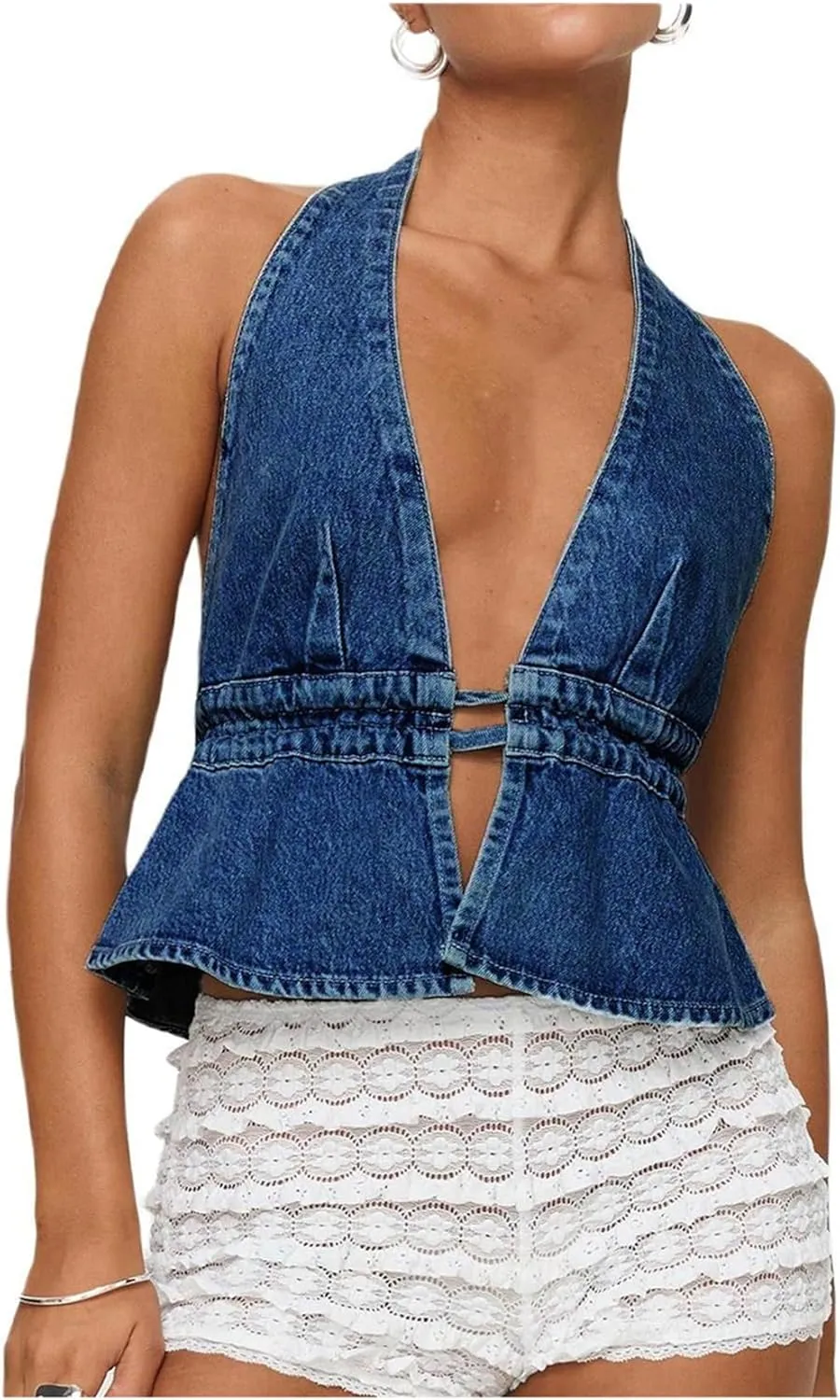 Women Sexy Halter Jean Vest Deep V Neck Denim Tie Vest Summer Backless Ruffle Denim Tank Top Streeetwear
