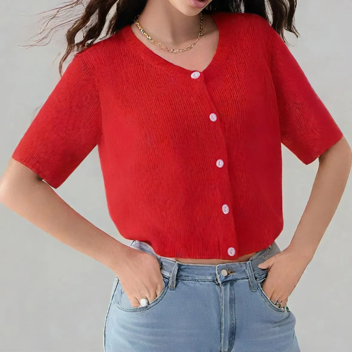 Women Short Sleeve Cardigans Sweater Drop Shoulder Button Down Chunky Knit Tops Y2K Lightweight Oversized Outwear