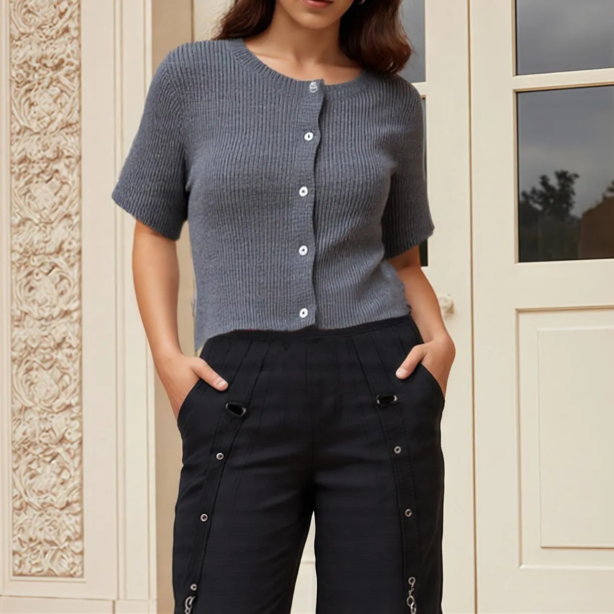 Women Short Sleeve Cardigans Sweater Drop Shoulder Button Down Chunky Knit Tops Y2K Lightweight Oversized Outwear