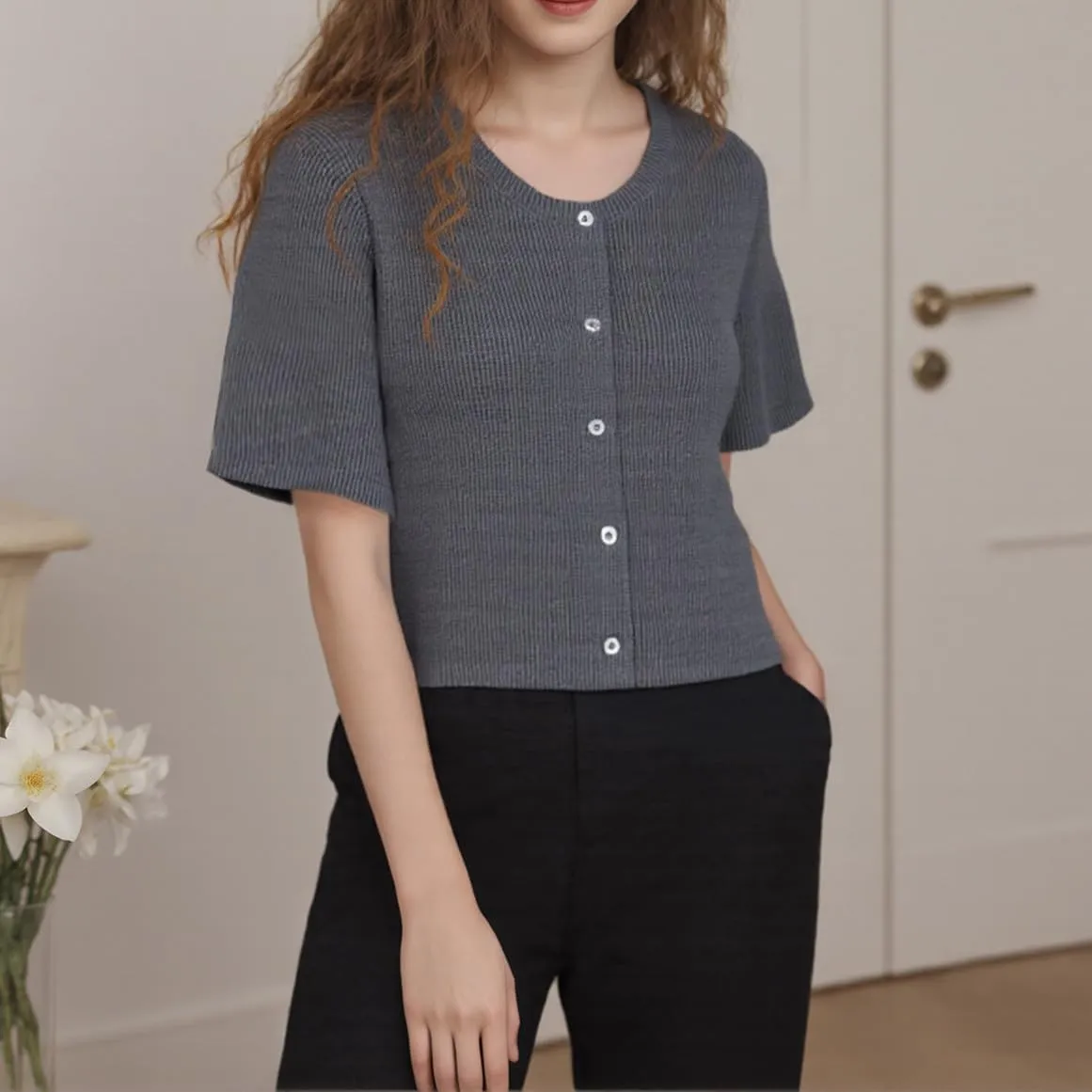 Women Short Sleeve Cardigans Sweater Drop Shoulder Button Down Chunky Knit Tops Y2K Lightweight Oversized Outwear