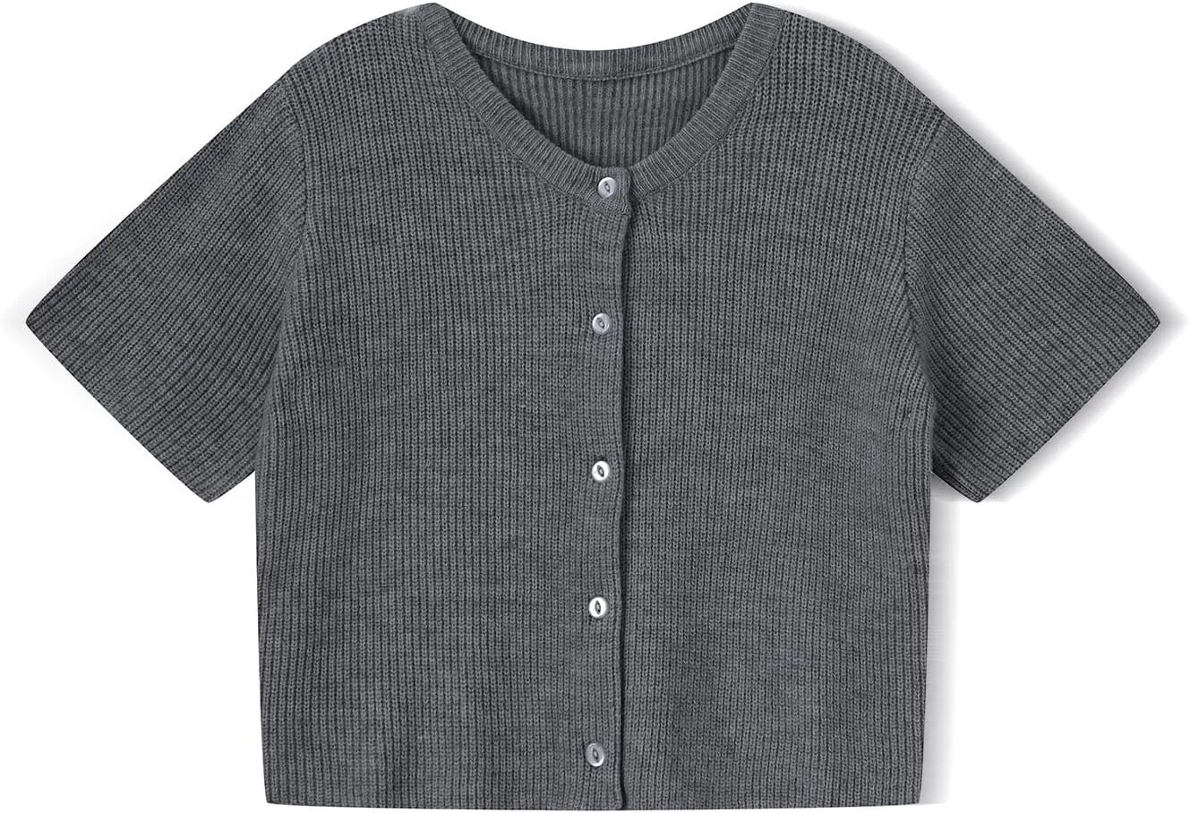 Women Short Sleeve Cardigans Sweater Drop Shoulder Button Down Chunky Knit Tops Y2K Lightweight Oversized Outwear