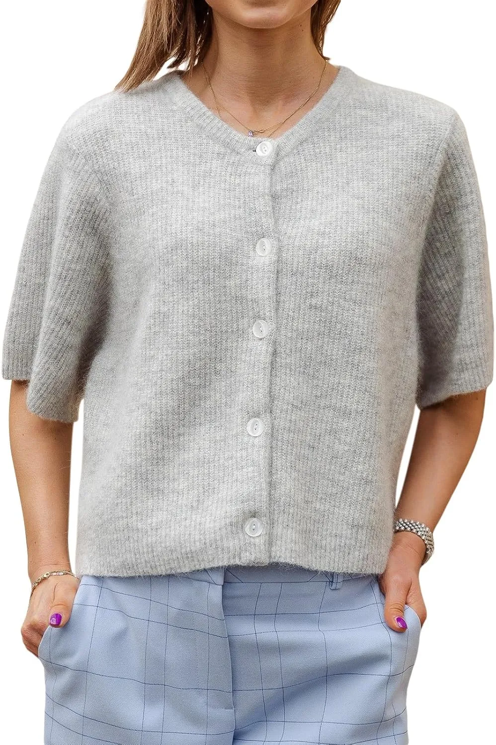 Women Short Sleeve Cardigans Sweater Drop Shoulder Button Down Chunky Knit Tops Y2K Lightweight Oversized Outwear