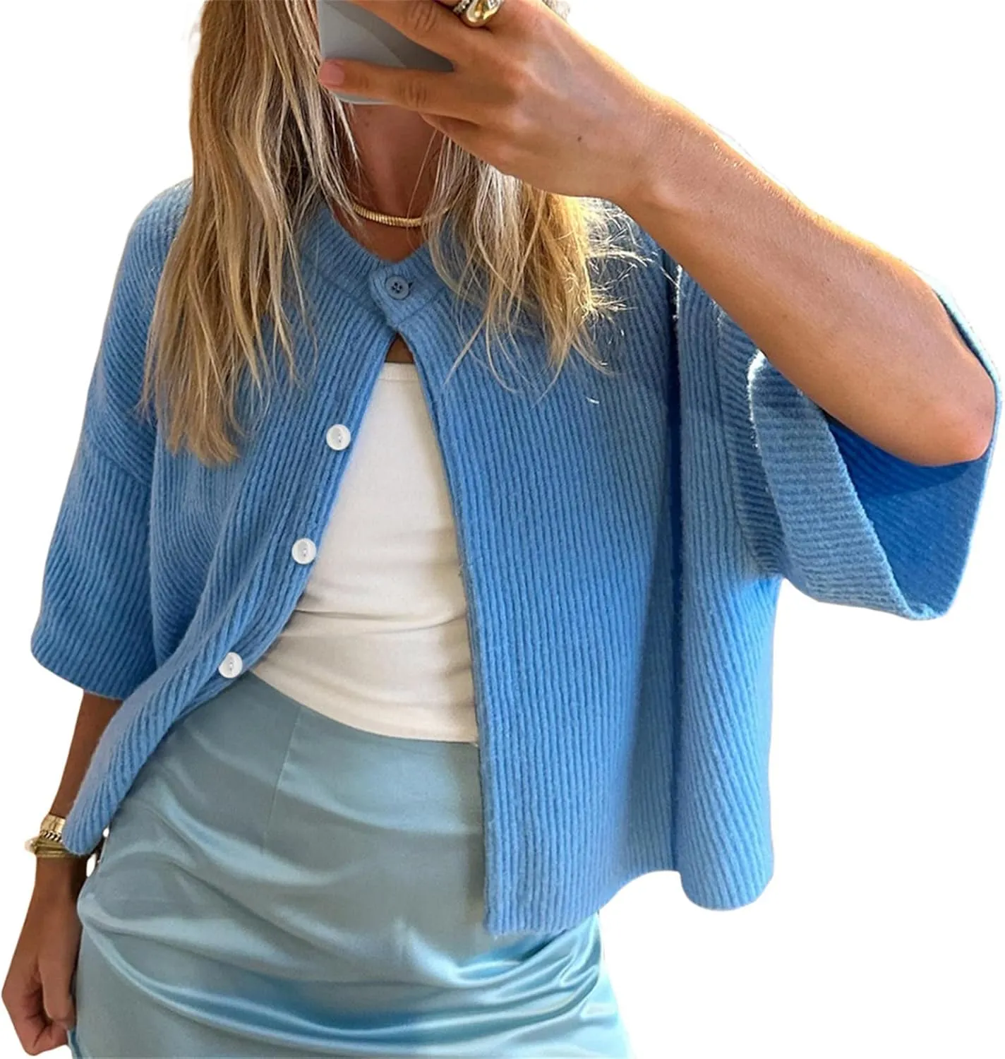 Women Short Sleeve Cardigans Sweater Drop Shoulder Button Down Chunky Knit Tops Y2K Lightweight Oversized Outwear