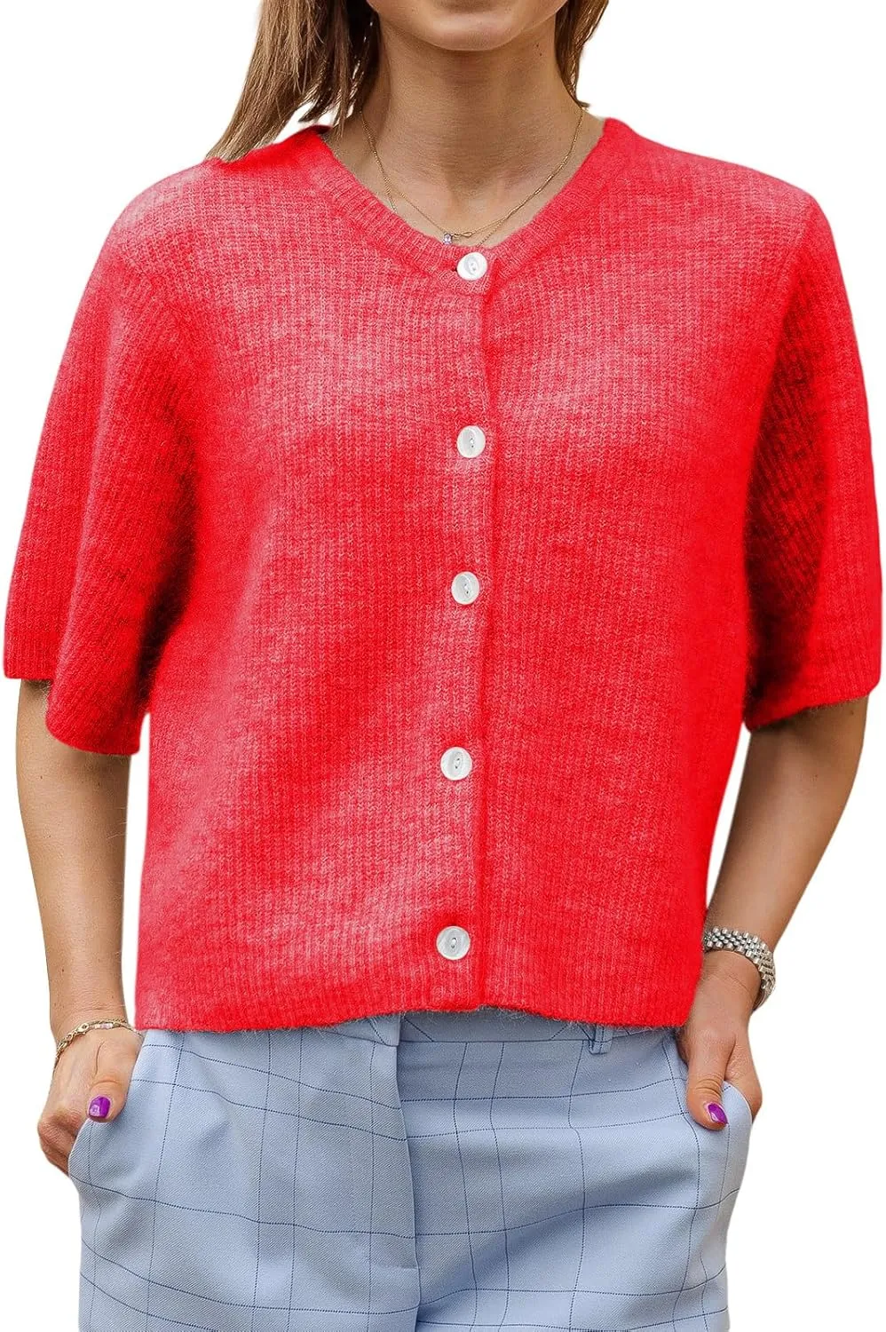 Women Short Sleeve Cardigans Sweater Drop Shoulder Button Down Chunky Knit Tops Y2K Lightweight Oversized Outwear