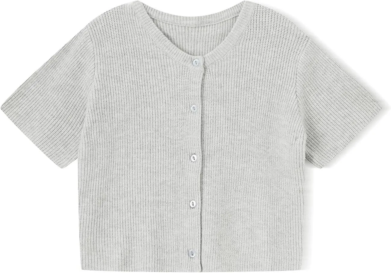 Women Short Sleeve Cardigans Sweater Drop Shoulder Button Down Chunky Knit Tops Y2K Lightweight Oversized Outwear