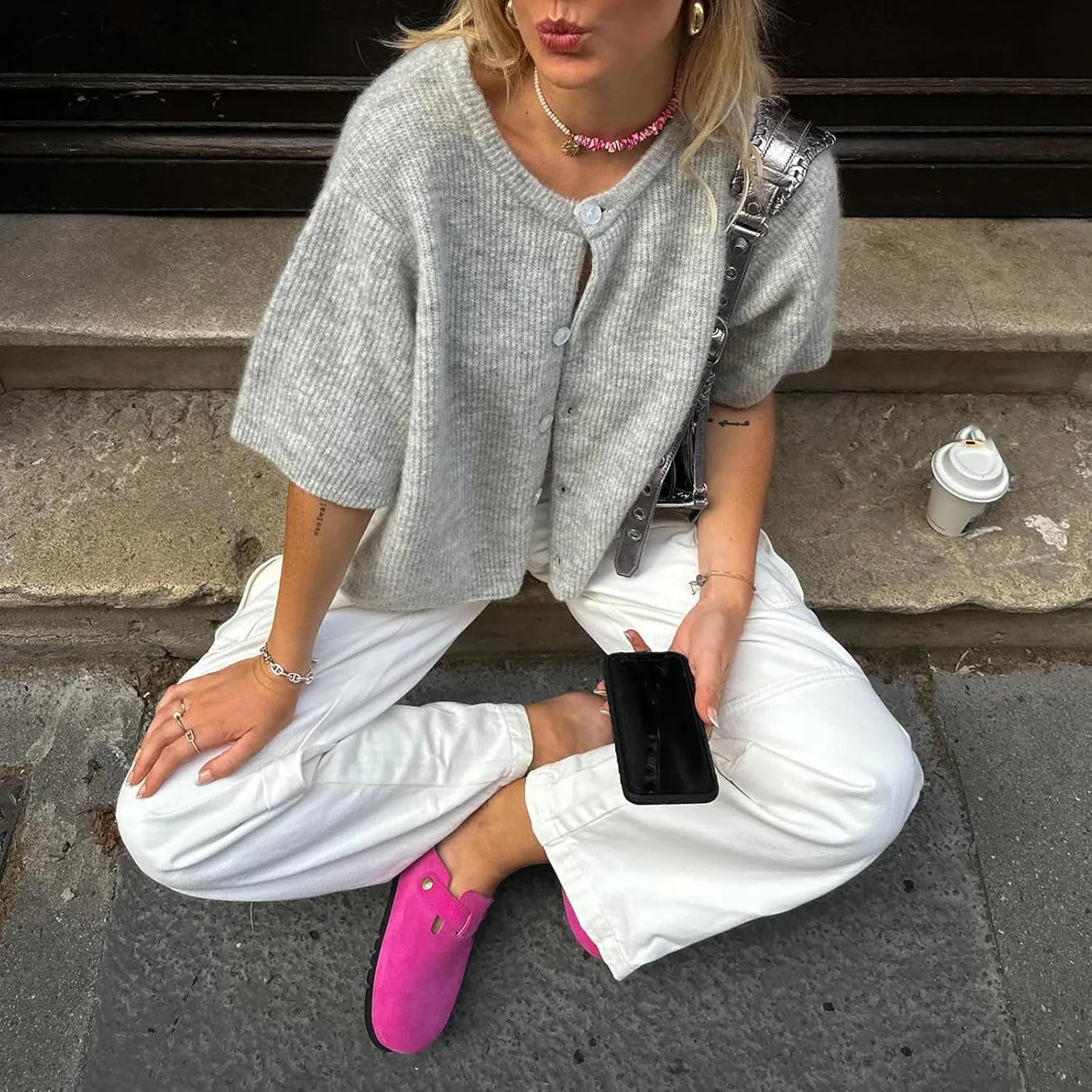 Women Short Sleeve Cardigans Sweater Drop Shoulder Button Down Chunky Knit Tops Y2K Lightweight Oversized Outwear