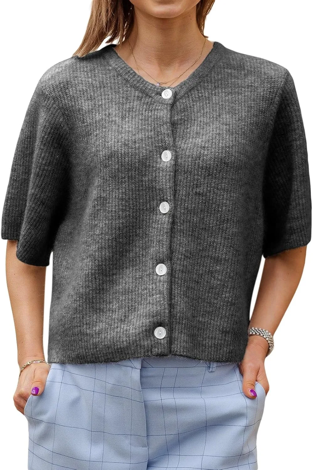 Women Short Sleeve Cardigans Sweater Drop Shoulder Button Down Chunky Knit Tops Y2K Lightweight Oversized Outwear