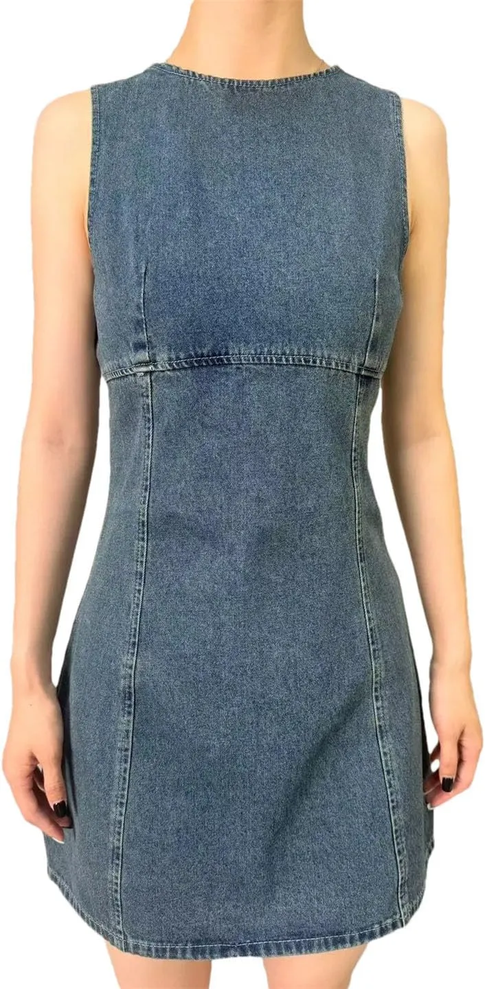 Women Spring Summer Cotton Denim Backless Sleeveless Knee-Length Jeans Dresses