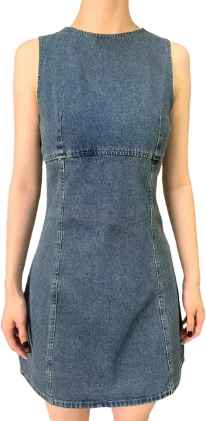 Women Spring Summer Cotton Denim Backless Sleeveless Knee-Length Jeans Dresses