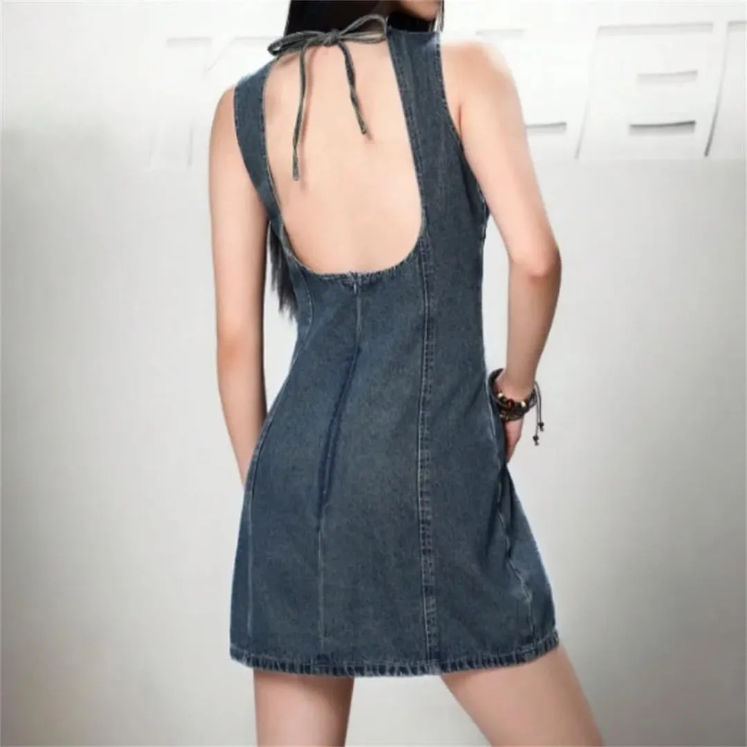 Women Spring Summer Cotton Denim Backless Sleeveless Knee-Length Jeans Dresses