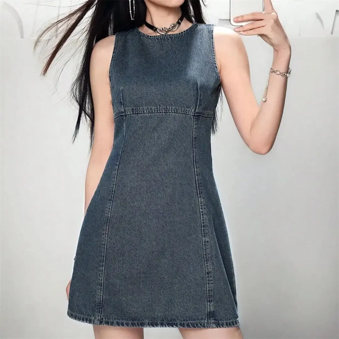 Women Spring Summer Cotton Denim Backless Sleeveless Knee-Length Jeans Dresses