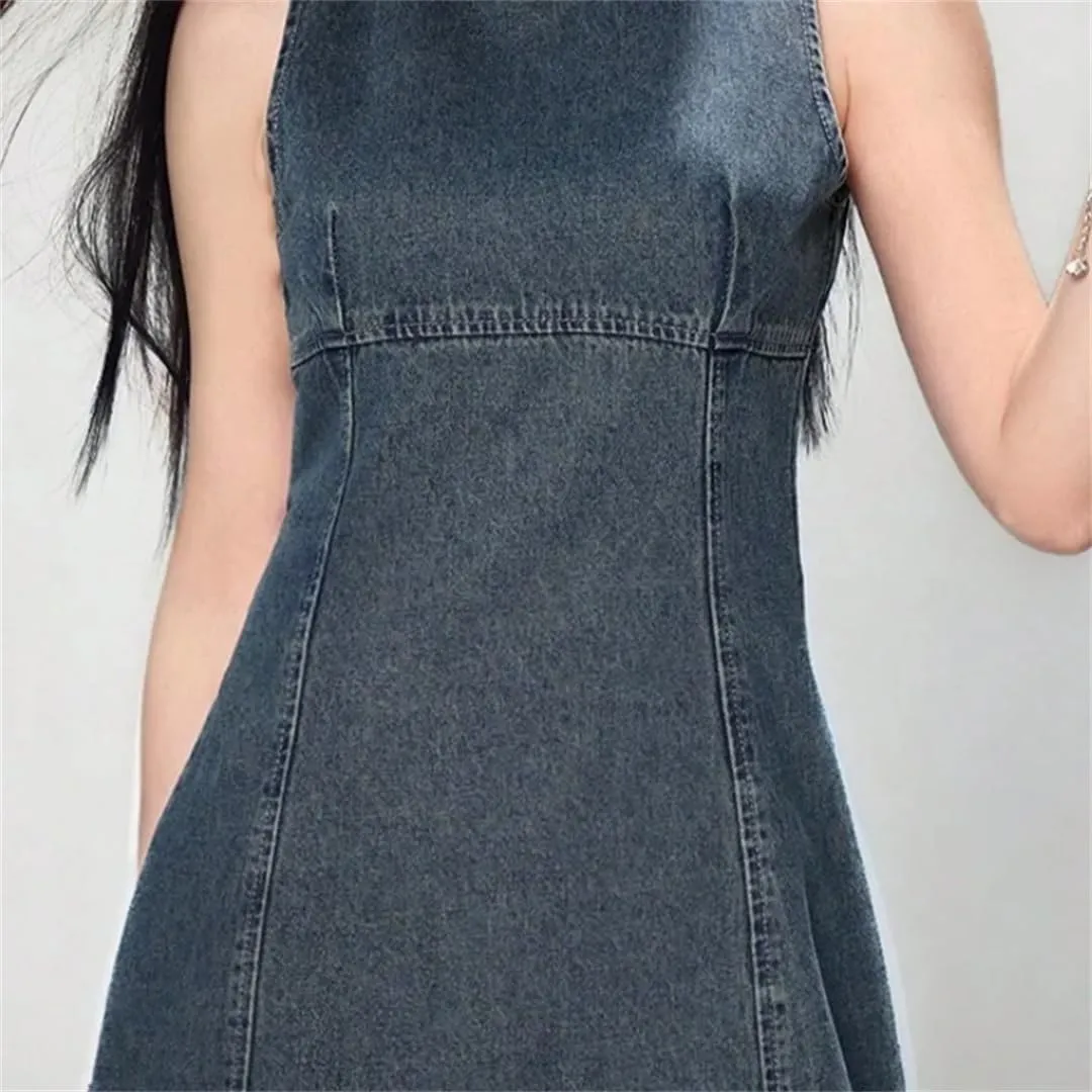 Women Spring Summer Cotton Denim Backless Sleeveless Knee-Length Jeans Dresses