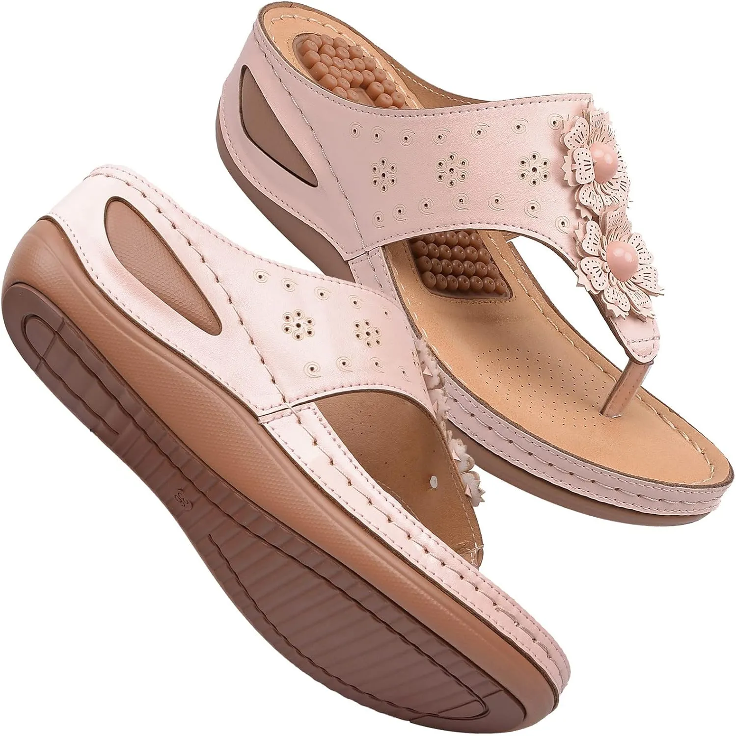 Women Wedge Sandals Flowers Orthopedic Clip Toe Sandals Summer Comfortable Flip Flops with Arch Suppor Casual Shoes