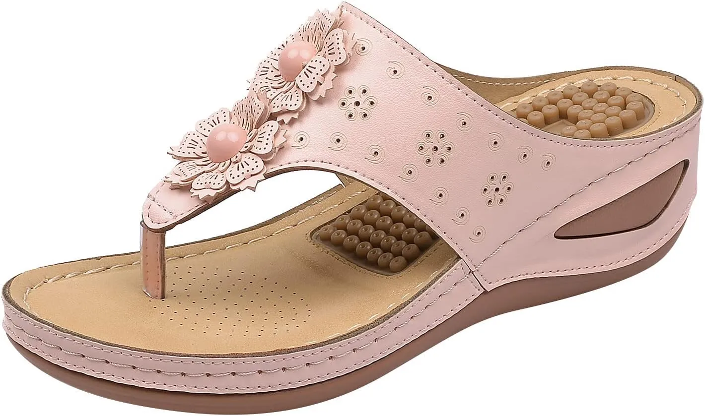Women Wedge Sandals Flowers Orthopedic Clip Toe Sandals Summer Comfortable Flip Flops with Arch Suppor Casual Shoes