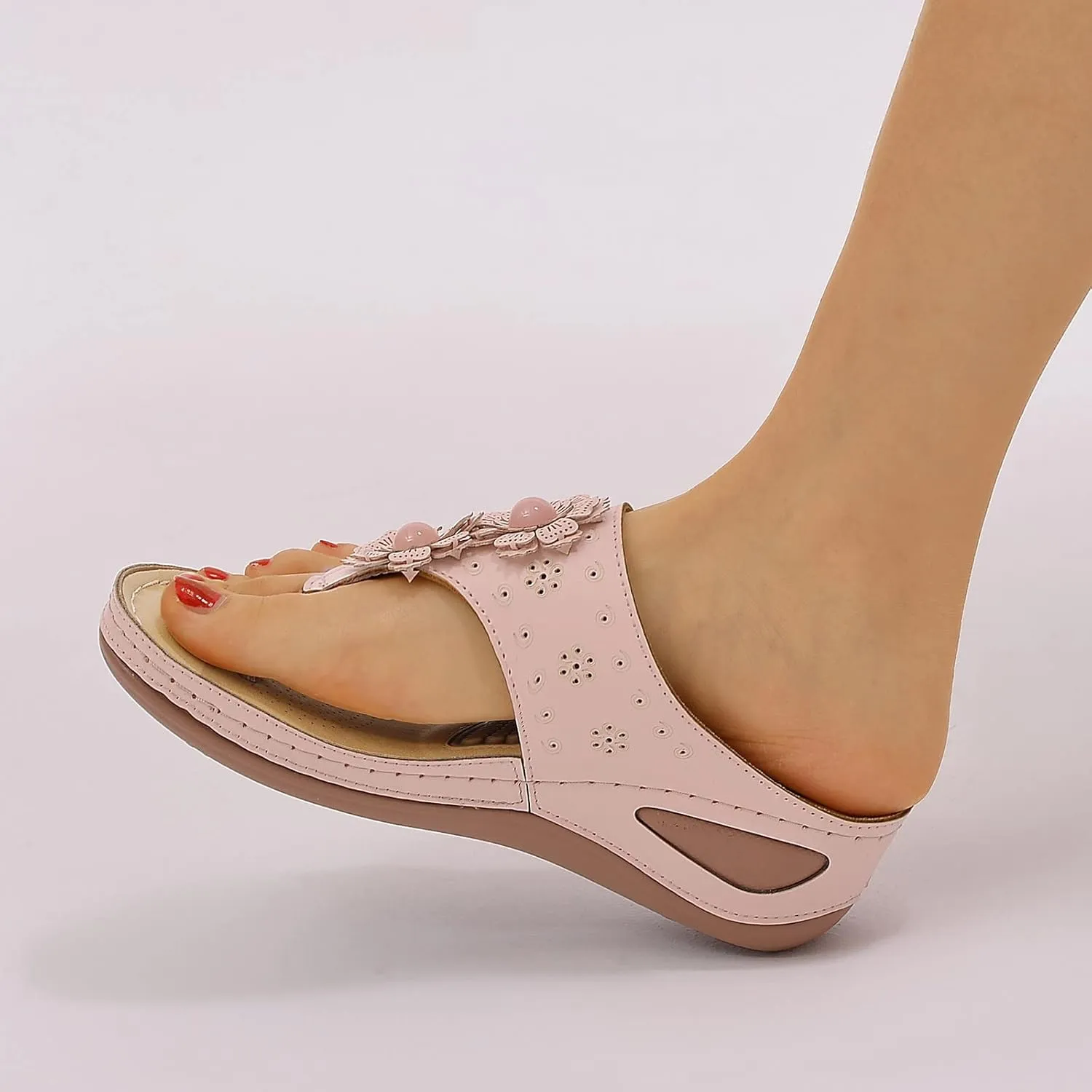 Women Wedge Sandals Flowers Orthopedic Clip Toe Sandals Summer Comfortable Flip Flops with Arch Suppor Casual Shoes