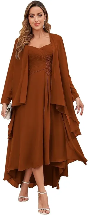 Women's 2 Piece Mother of The Bride Dresses with Jacket Tea Length High Low Lace Applique Formal Dresses