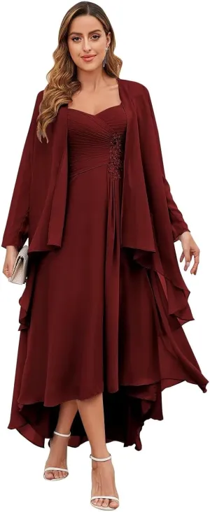 Women's 2 Piece Mother of The Bride Dresses with Jacket Tea Length High Low Lace Applique Formal Dresses