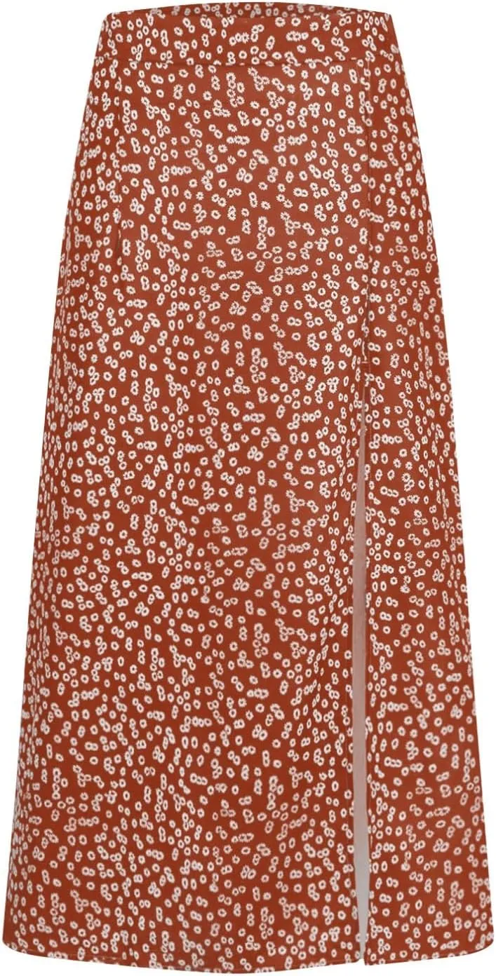 Womens 2024 Summer High Waisted Flowy Slit Midi Skirts Casual Lightweight Boho Floral Beach Skirt