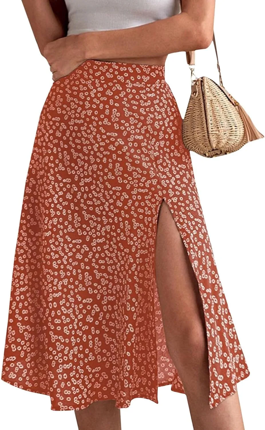 Womens 2024 Summer High Waisted Flowy Slit Midi Skirts Casual Lightweight Boho Floral Beach Skirt