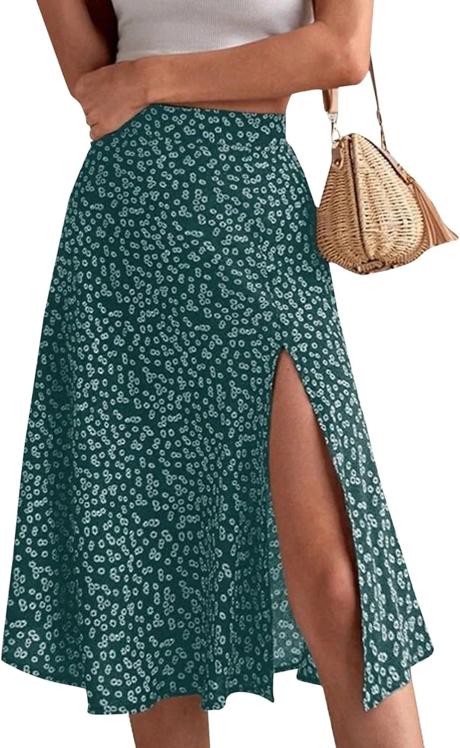 Womens 2024 Summer High Waisted Flowy Slit Midi Skirts Casual Lightweight Boho Floral Beach Skirt