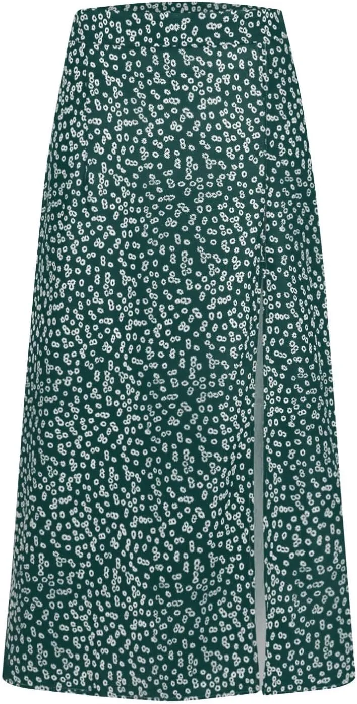 Womens 2024 Summer High Waisted Flowy Slit Midi Skirts Casual Lightweight Boho Floral Beach Skirt