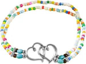 Women's Anklet, Elastic Beaded Anklet Double Layer Heart Colorful Beaded Anklet Boho Beach Ankle Bracelets Waterproof Ankle Bracelet for Women Stylish Foot Jewelry for Women