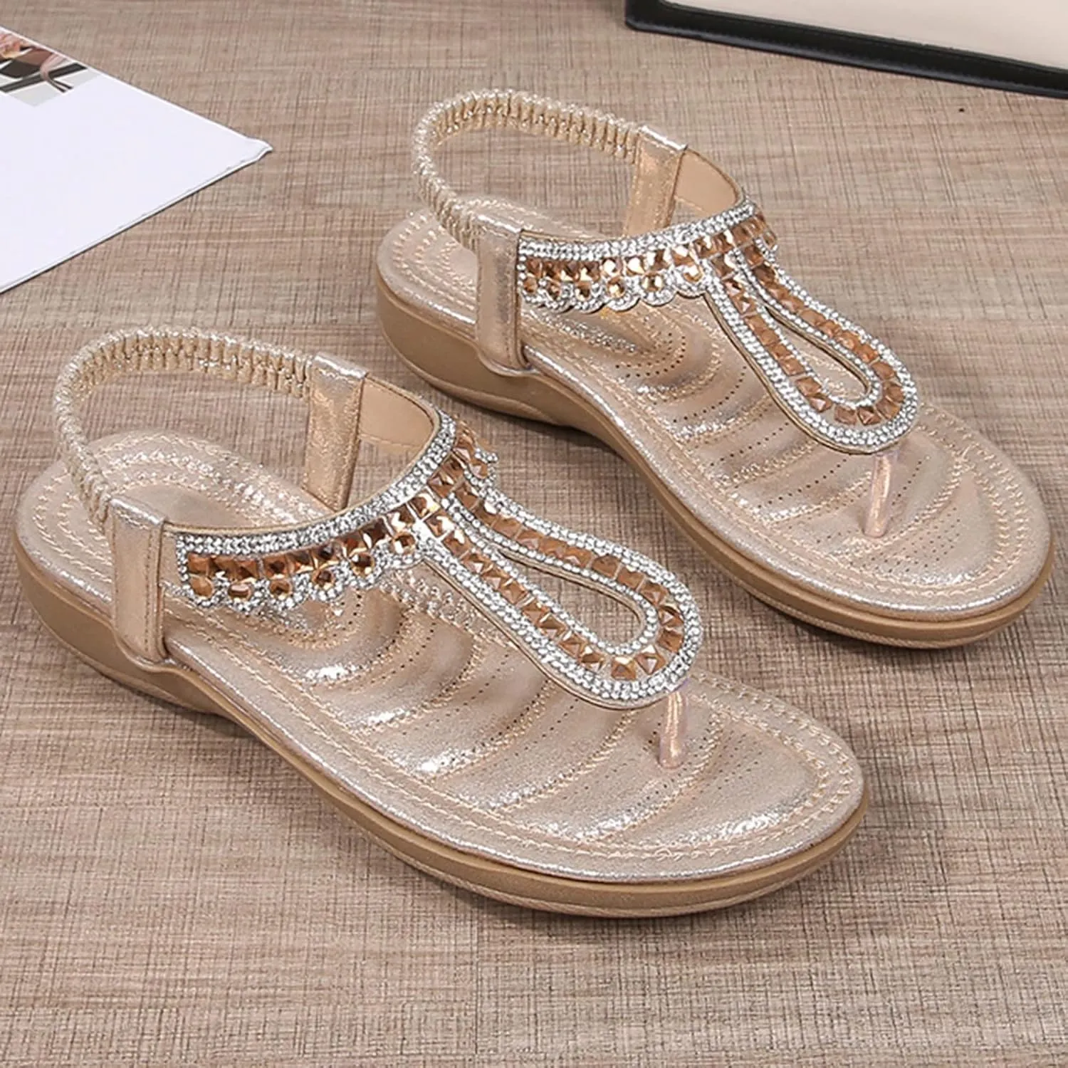 Women's Beach Sandals T-strap Low Wedges Slip On Walking Flat Lightweight Flip Flops Women Orthopedic Sandals