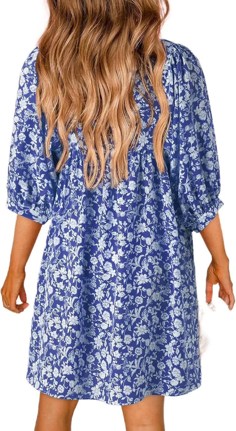 Womens Boho Dresses Summer Casual 3/4 Lantern Sleeve V Neck Babydoll Mini Dress Beach Vacation Shift Sundress