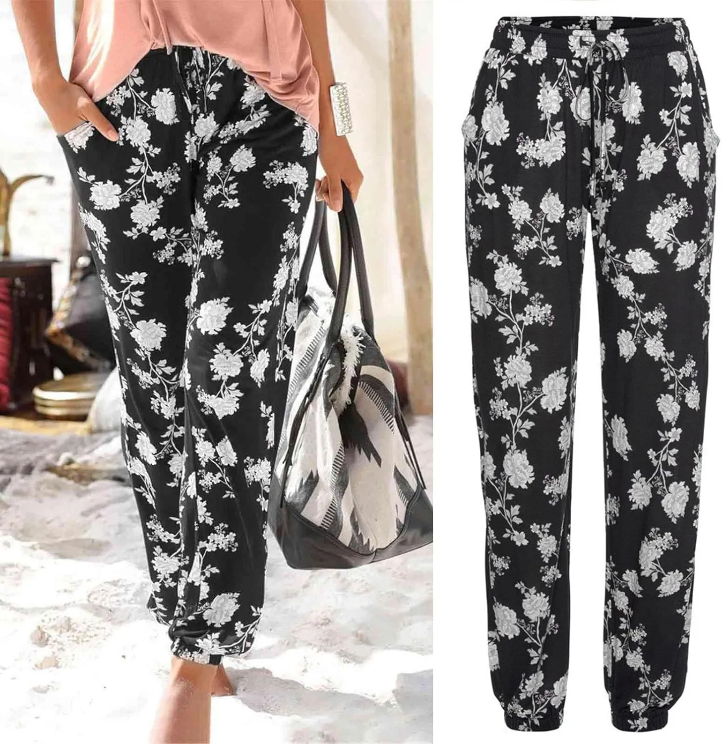 Women's Boho Hippie Harem Pants Smocked Waist Floral Print Beach Pants Comfy Lightweight Breathable Vacation Trousers